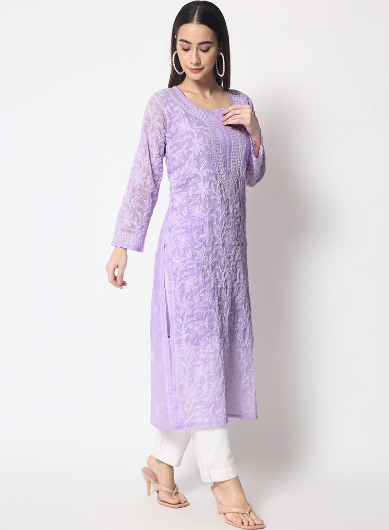 Hand Embroidered Chikankari Cotton Straight Kurta-AL3592