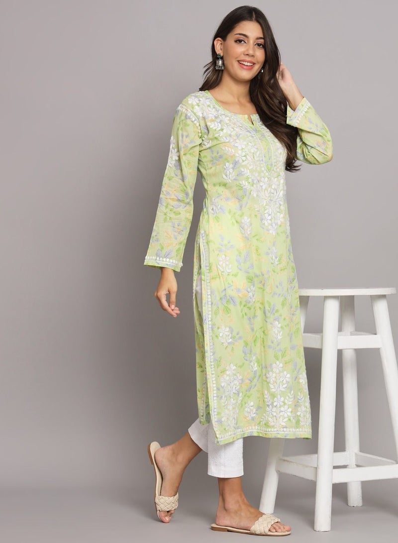 Hand Embroidered Chikan Printed Mulmul Straight Kurta-AL3680