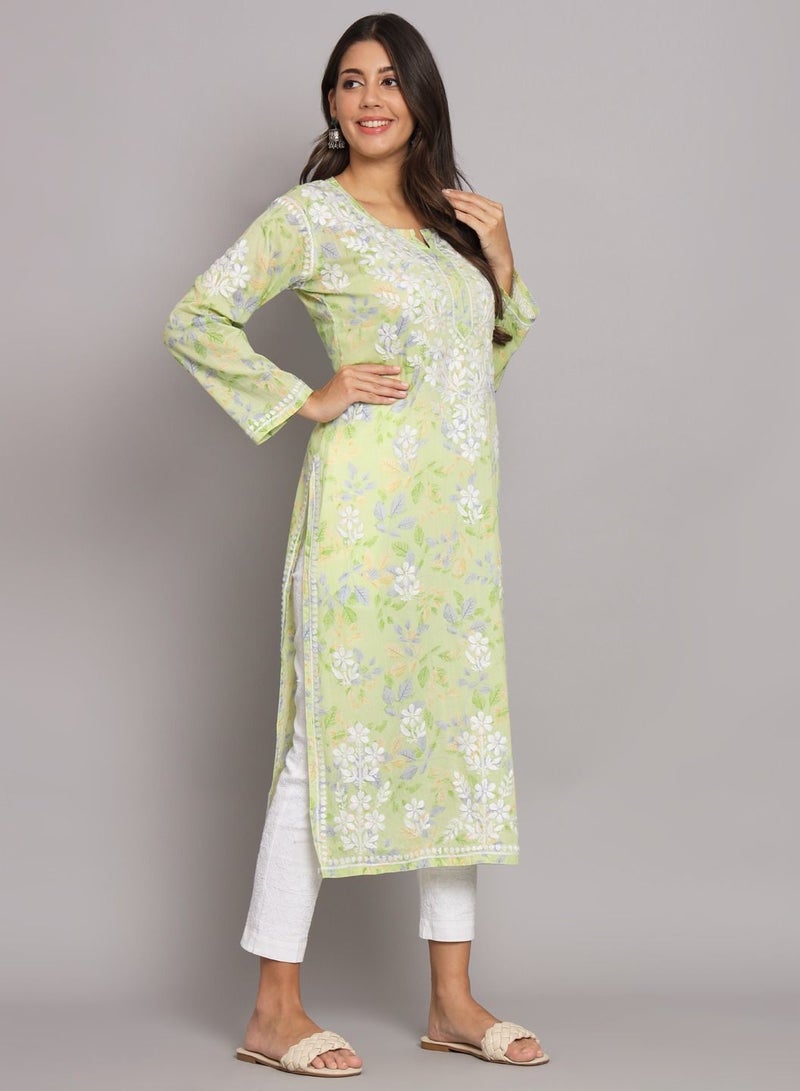 Hand Embroidered Chikan Printed Mulmul Straight Kurta-AL3680