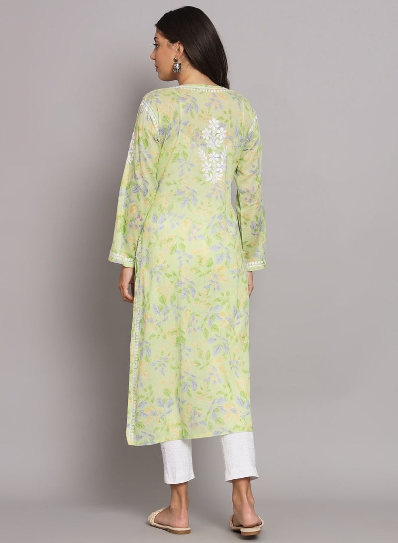 Hand Embroidered Chikan Printed Mulmul Straight Kurta-AL3680