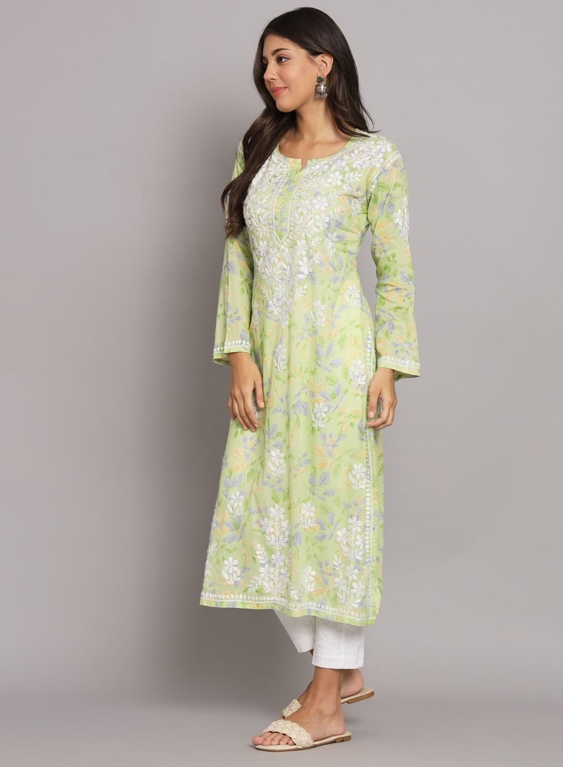 Hand Embroidered Chikan Printed Mulmul Straight Kurta-AL3680