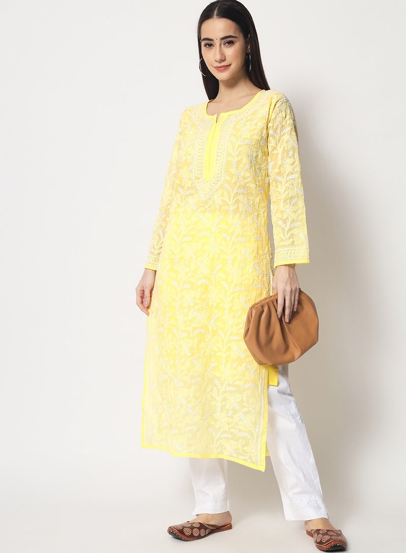 Hand Embroidered Chikankari Cotton Straight Kurta-AL3592