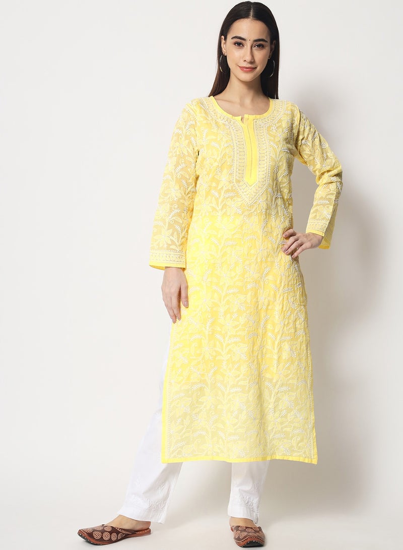 Hand Embroidered Chikankari Cotton Straight Kurta-AL3592