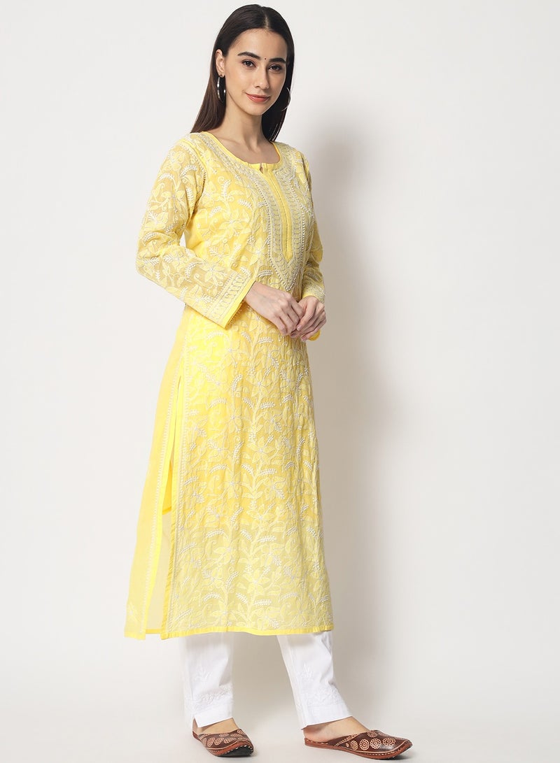 Hand Embroidered Chikankari Cotton Straight Kurta-AL3592