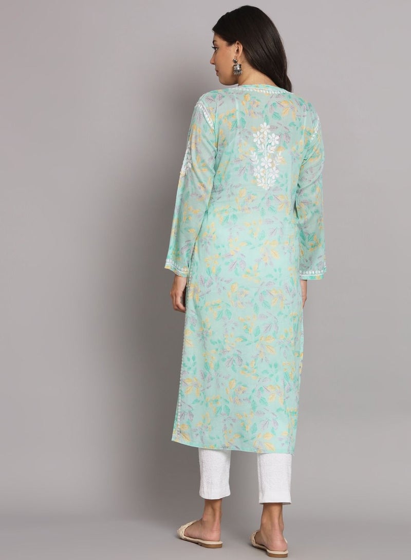 Hand Embroidered Chikan Printed Mulmul Straight Kurta-AL3680