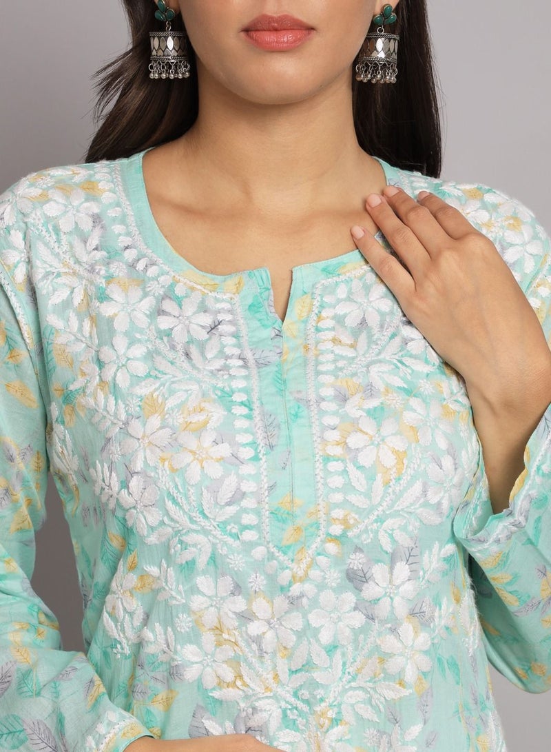 Hand Embroidered Chikan Printed Mulmul Straight Kurta-AL3680