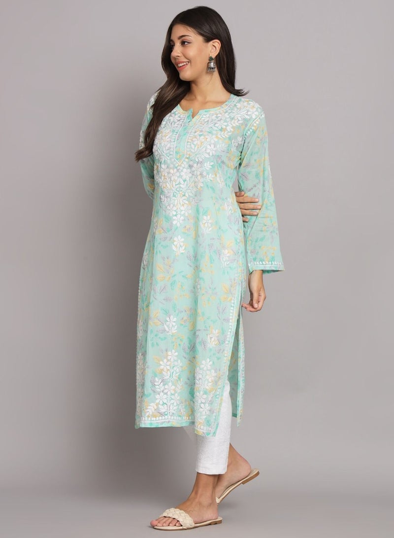 Hand Embroidered Chikan Printed Mulmul Straight Kurta-AL3680