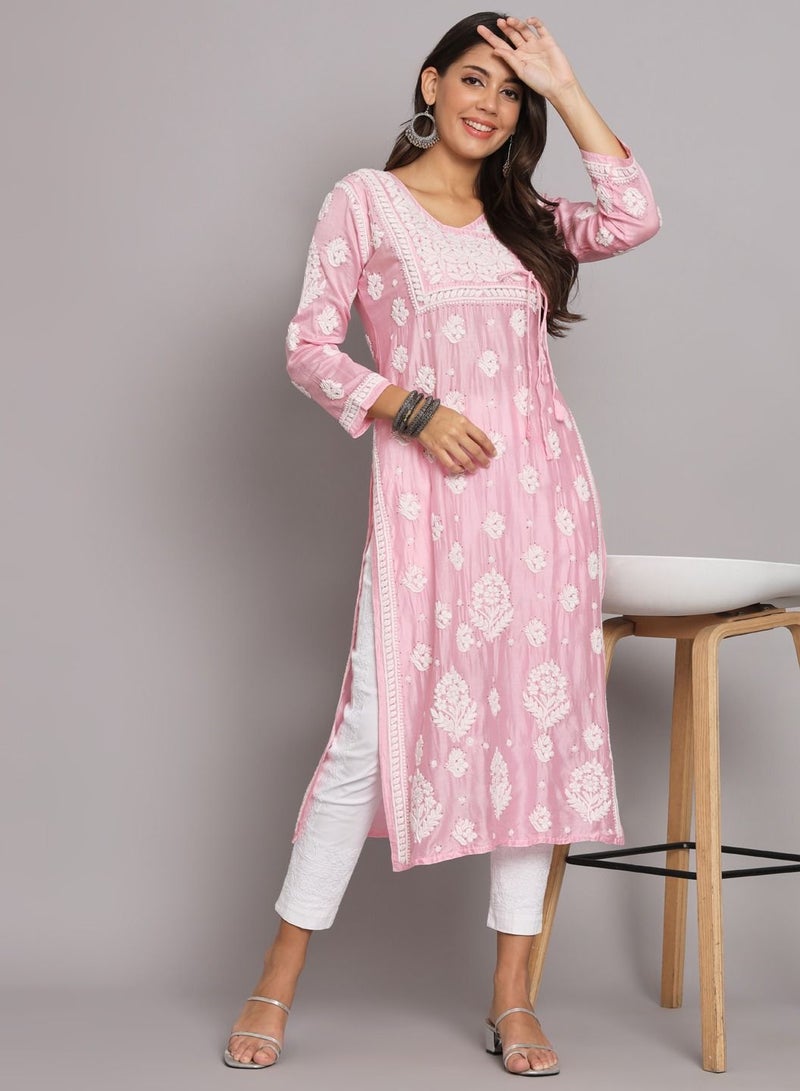 Hand Embroidered Chikankari Chanderi Angarkha Kurta With Mukaish Work-AL3672