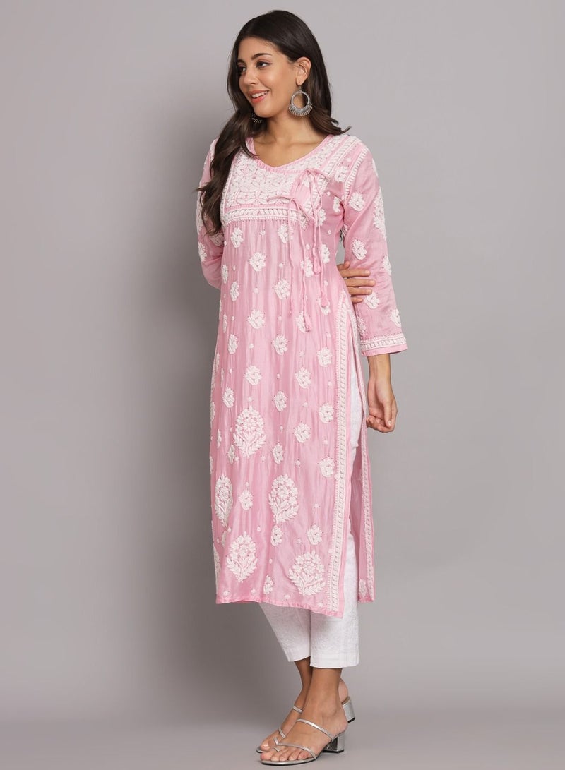 Hand Embroidered Chikankari Chanderi Angarkha Kurta With Mukaish Work-AL3672