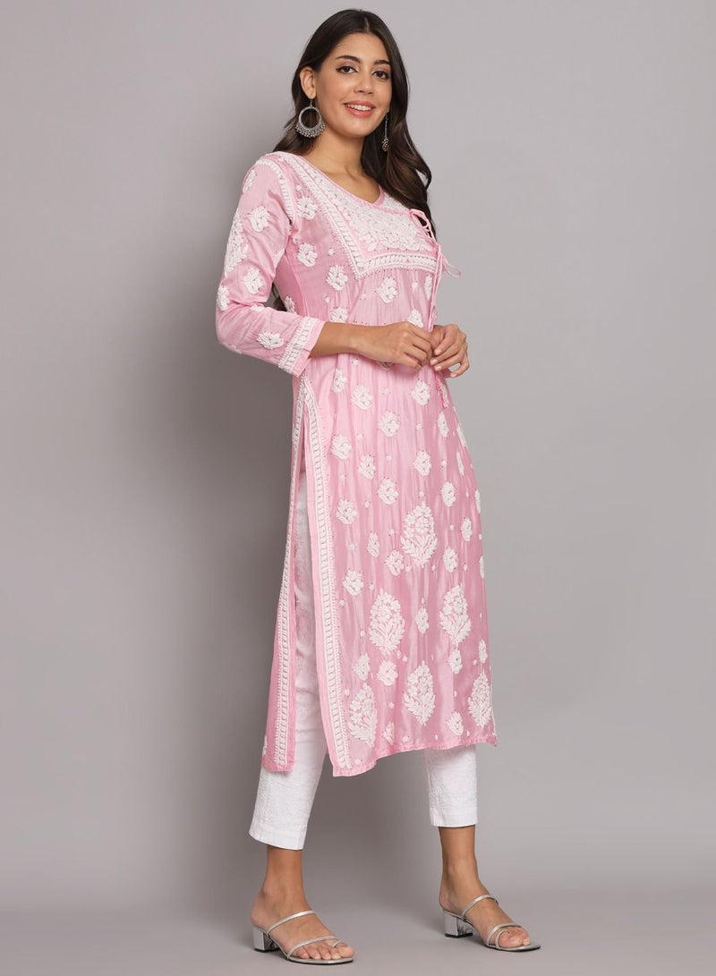 Hand Embroidered Chikankari Chanderi Angarkha Kurta With Mukaish Work-AL3672