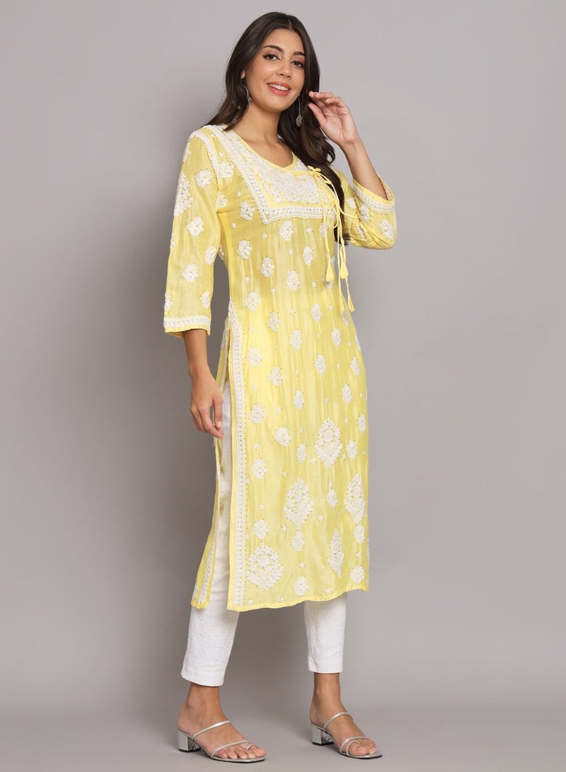 Hand Embroidered Chikankari Chanderi Angarkha Kurta With Mukaish Work-AL3672