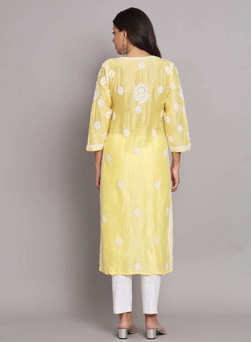 Hand Embroidered Chikankari Chanderi Angarkha Kurta With Mukaish Work-AL3672