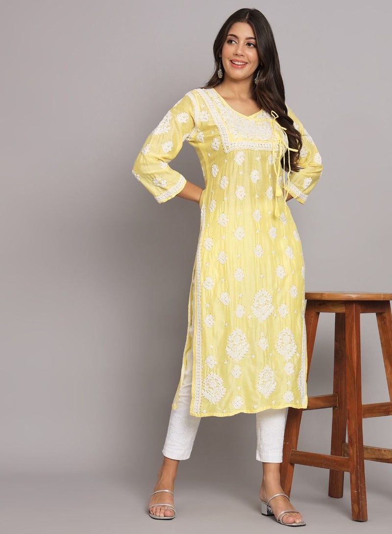 Hand Embroidered Chikankari Chanderi Angarkha Kurta With Mukaish Work-AL3672