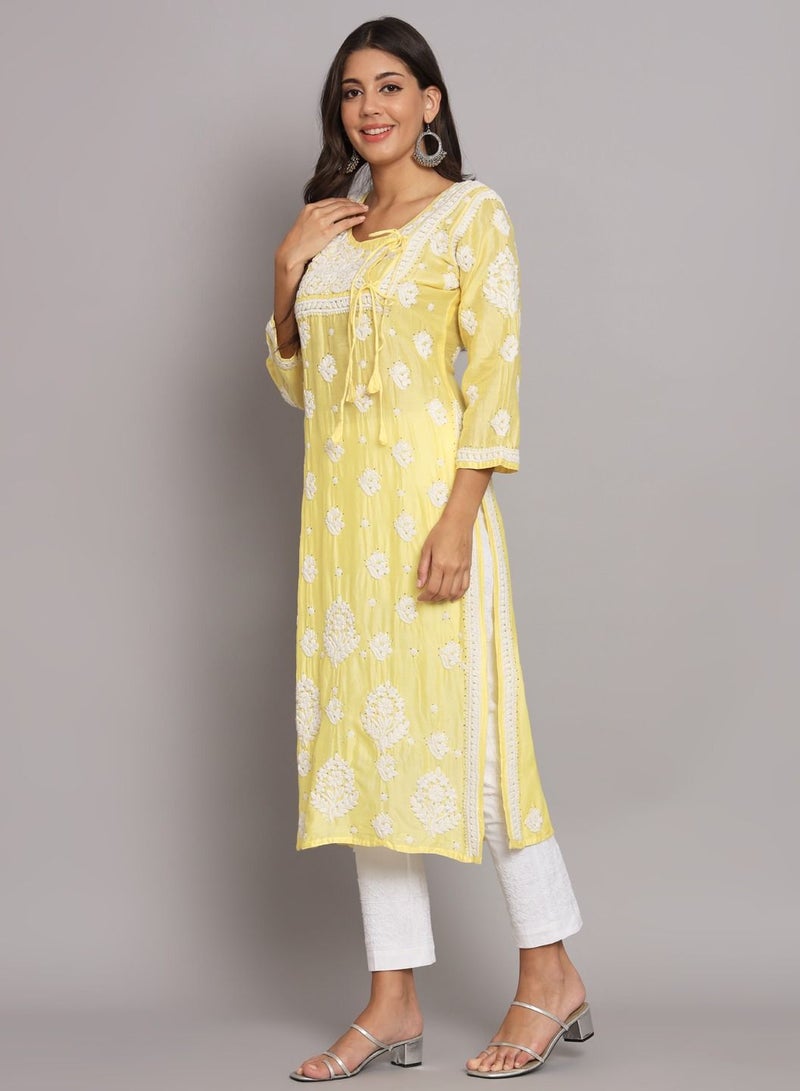 Hand Embroidered Chikankari Chanderi Angarkha Kurta With Mukaish Work-AL3672