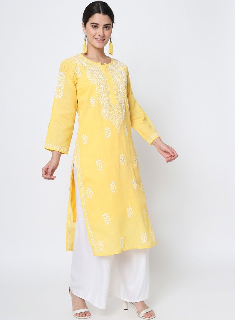 Hand Embroidered Chikankari Cotton Straight Kurta-AL3561