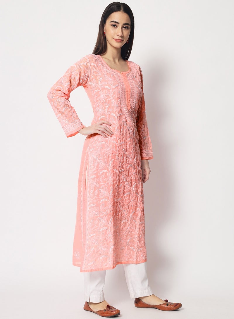 Hand Embroidered Chikankari Cotton Straight Kurta-AL3592