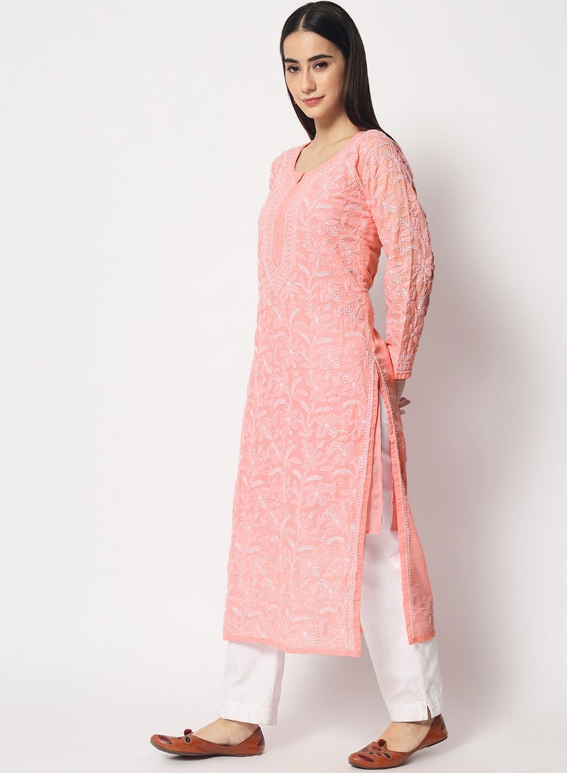 Hand Embroidered Chikankari Cotton Straight Kurta-AL3592