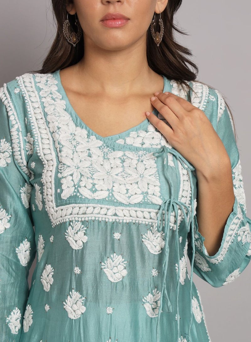 Hand Embroidered Chikankari Chanderi Angarkha Kurta With Mukaish Work-AL3672