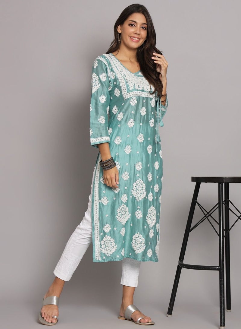 Hand Embroidered Chikankari Chanderi Angarkha Kurta With Mukaish Work-AL3672