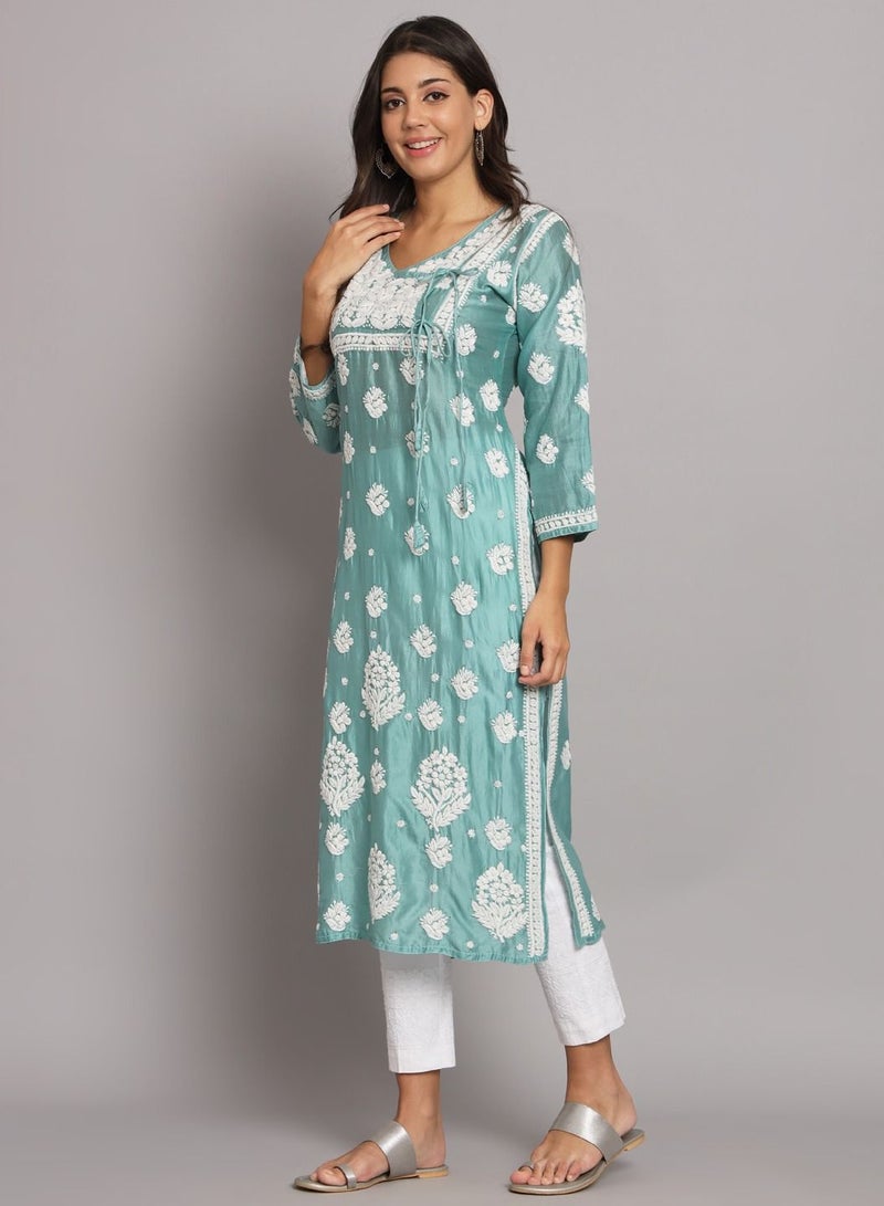 Hand Embroidered Chikankari Chanderi Angarkha Kurta With Mukaish Work-AL3672