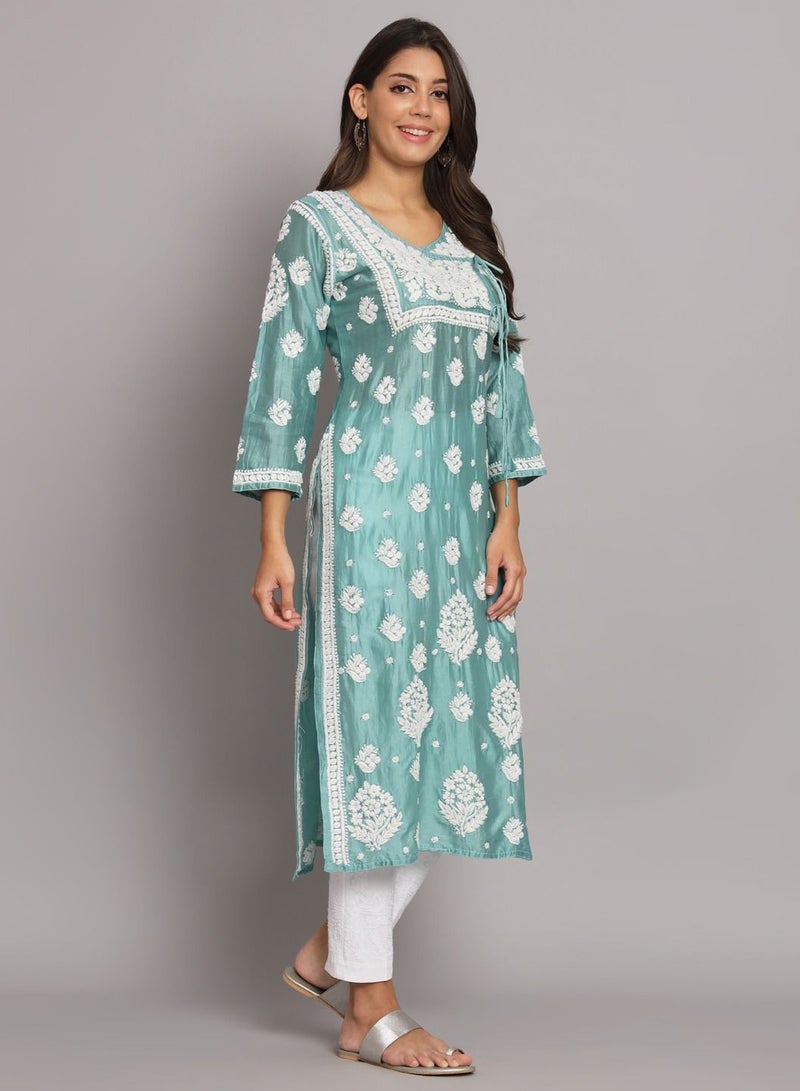 Hand Embroidered Chikankari Chanderi Angarkha Kurta With Mukaish Work-AL3672