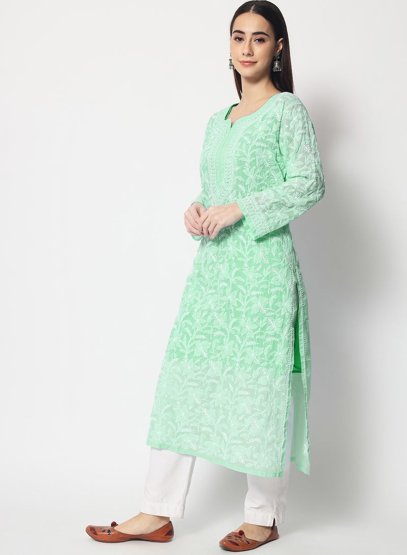 Hand Embroidered Chikankari Cotton Straight Kurta-AL3592