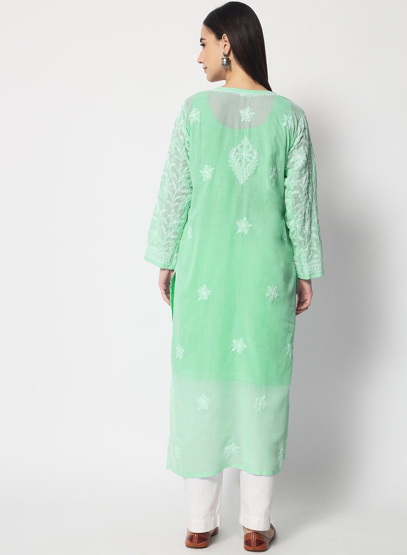 Hand Embroidered Chikankari Cotton Straight Kurta-AL3592