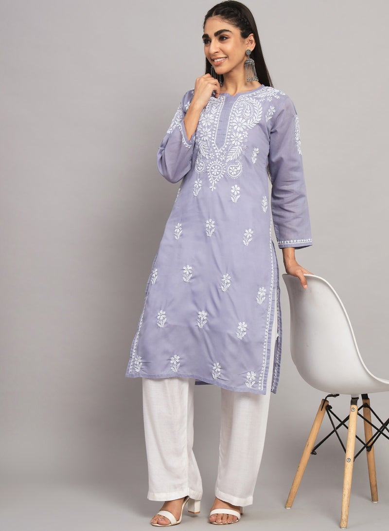 Hand Embroidered Chikankari Cotton Straight Kurta-AL3561