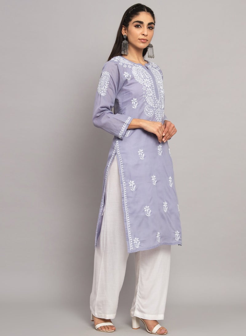 Hand Embroidered Chikankari Cotton Straight Kurta-AL3561