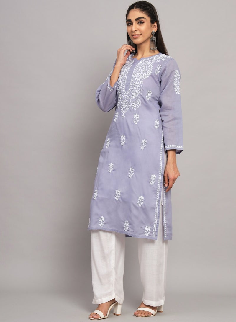 Hand Embroidered Chikankari Cotton Straight Kurta-AL3561