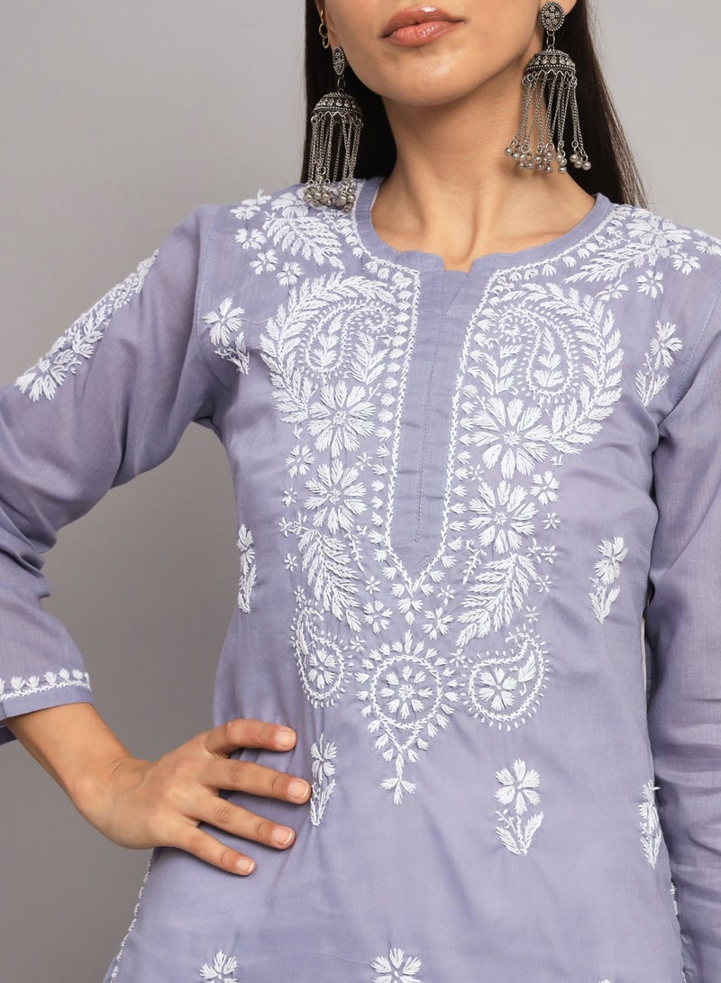 Hand Embroidered Chikankari Cotton Straight Kurta-AL3561