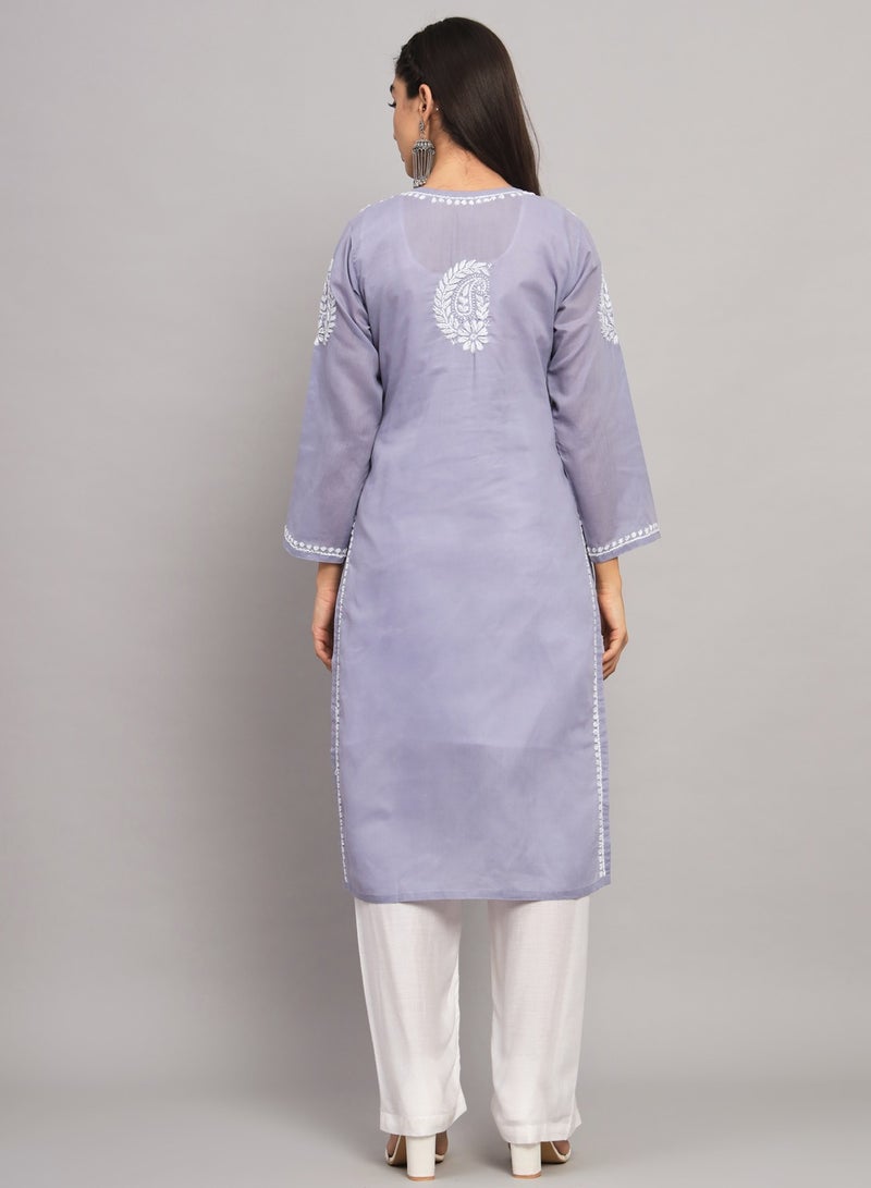 Hand Embroidered Chikankari Cotton Straight Kurta-AL3561