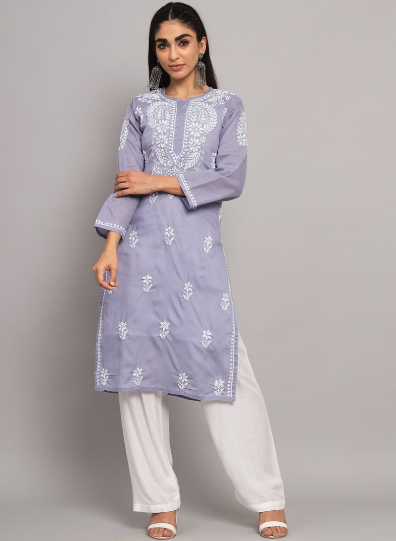 Hand Embroidered Chikankari Cotton Straight Kurta-AL3561