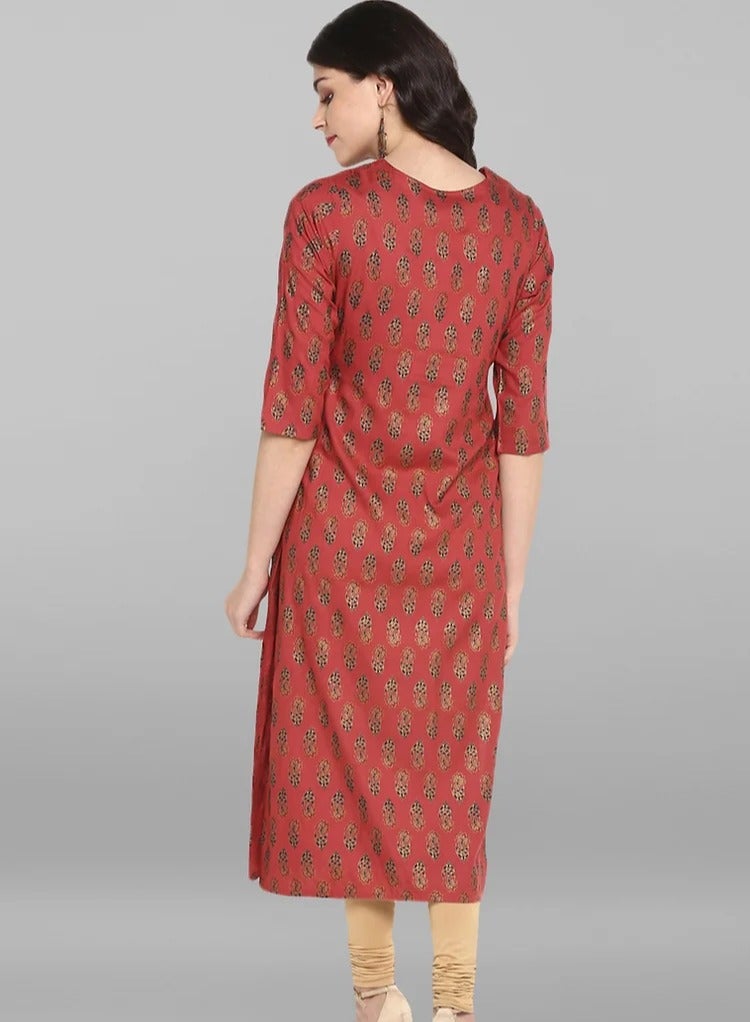 IndHeritage - Premium rayon kurti - Diwali collection - Diwali kurti - Red colour women's kurti / kurta with golden Indian prints - Indian Kurti IDH00013