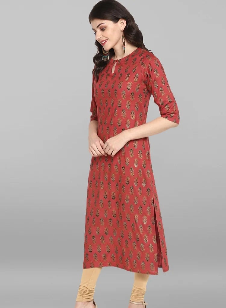 IndHeritage - Premium rayon kurti - Diwali collection - Diwali kurti - Red colour women's kurti / kurta with golden Indian prints - Indian Kurti IDH00013