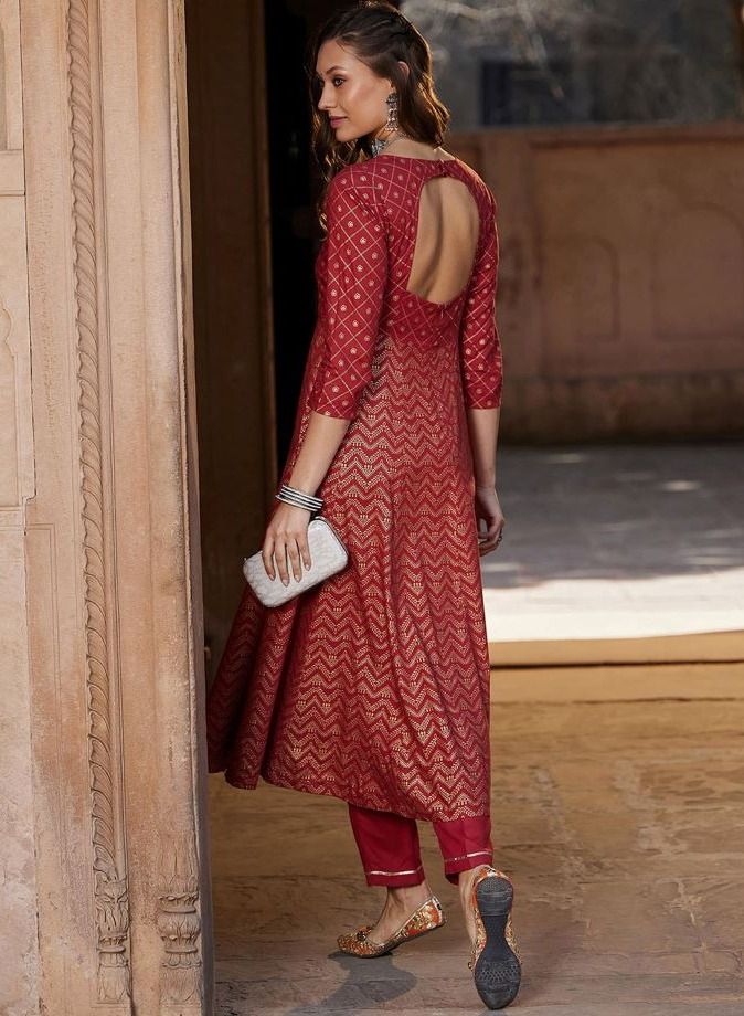 shae by sassafras Women Rust Chevron Foil Anarkali Kurta With Pants