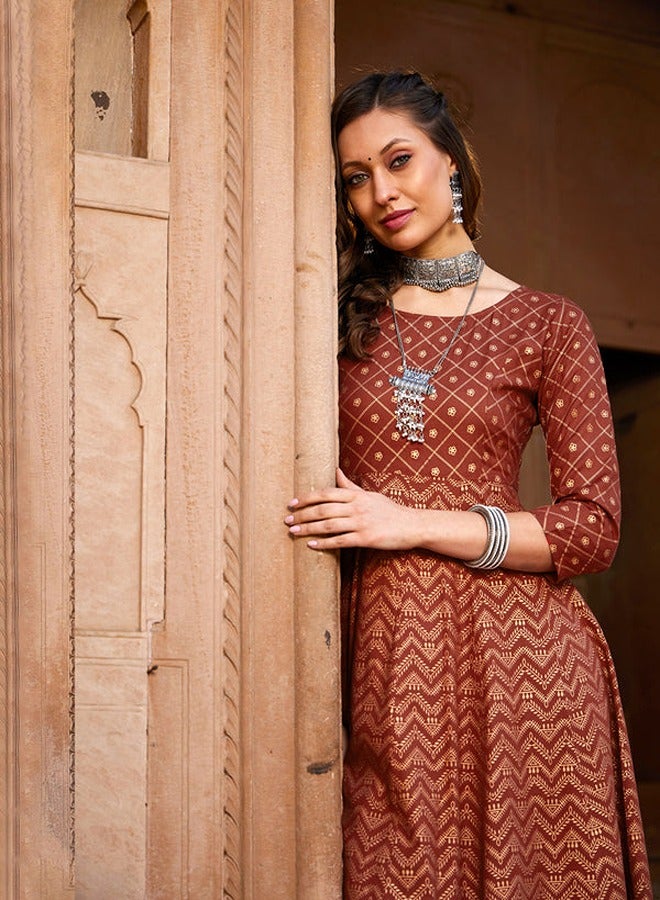 shae by sassafras Women Rust Chevron Foil Anarkali Kurta With Pants
