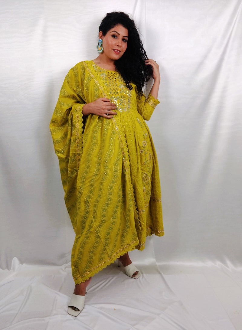 PRIYA'S PANACHE Designer Cotton Yellow Anarkali Kurta Pant Dupatta Set - Designer Festival Traditional Ethnic Indian Partywear For Women