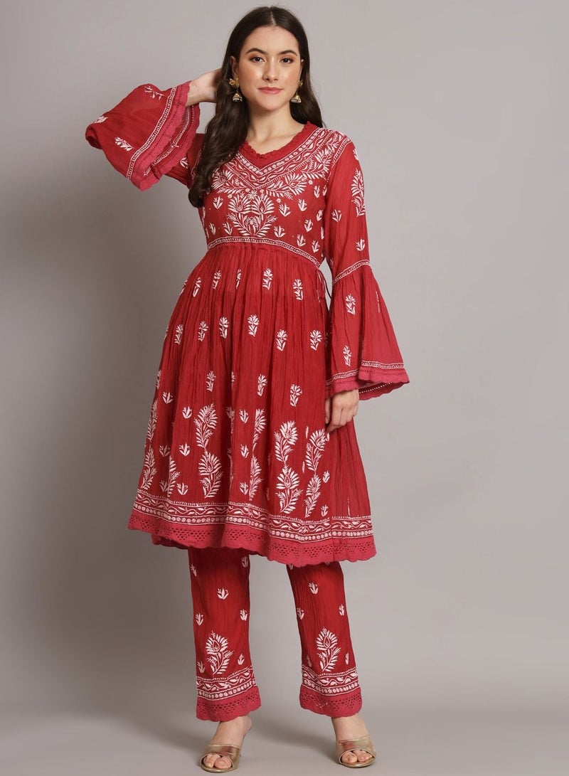 Hand Embroidered Chikankari Chanderi Cotton Frock Style Kurta Pant-AL3661KS