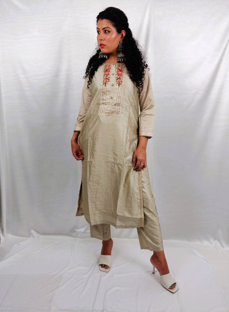 PRIYA'S PANACHE Beautiful Silk Fabric Beige Straight Kurta Pant Dupatta Set - Designer Festival Traditional Ethnic Indian Partywear For Women