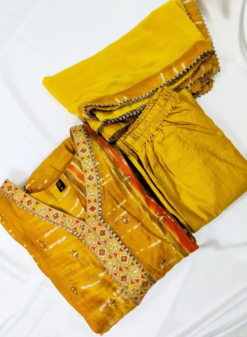 PRIYA'S PANACHE Stylish Yellow Muslin Straight Kurta Pant Dupatta Set - Designer Festival Traditional Ethnic Indian Partywear For Women