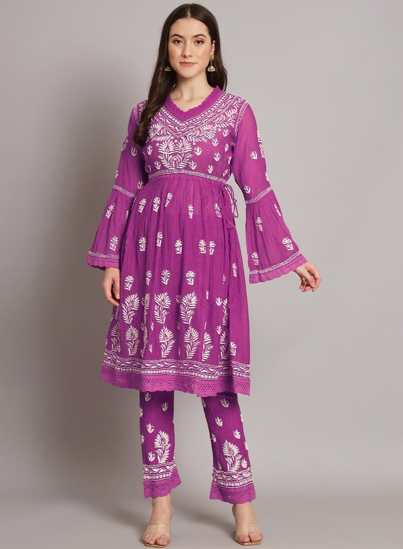 Hand Embroidered Chikankari Chanderi Cotton Frock Style Kurta Pant-AL3661KS