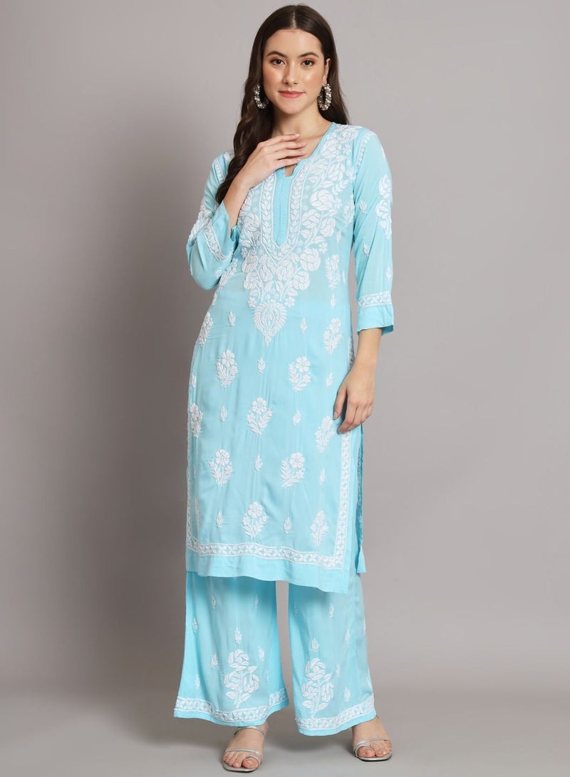 Hand Embroidered Chikan Modal Straight Kurta Palazzos AL3668