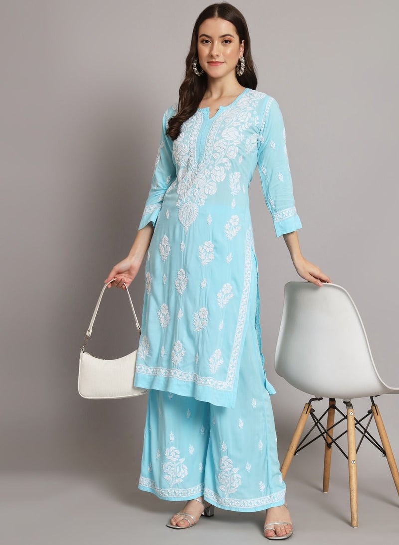 Hand Embroidered Chikan Modal Straight Kurta Palazzos AL3668