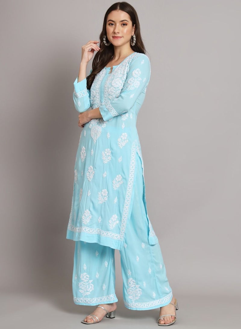 Hand Embroidered Chikan Modal Straight Kurta Palazzos AL3668