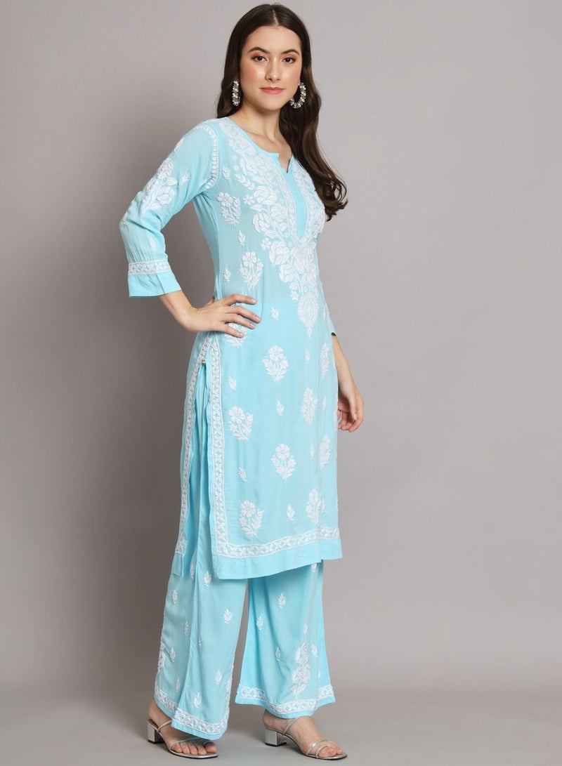 Hand Embroidered Chikan Modal Straight Kurta Palazzos AL3668