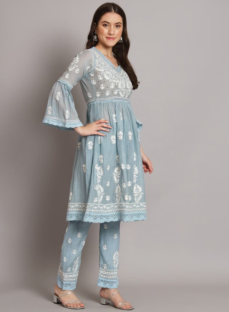 Hand Embroidered Chikankari Chanderi Cotton Frock Style Kurta Pant-AL3661KS