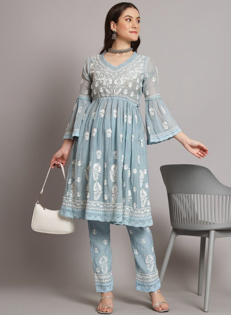 Hand Embroidered Chikankari Chanderi Cotton Frock Style Kurta Pant-AL3661KS