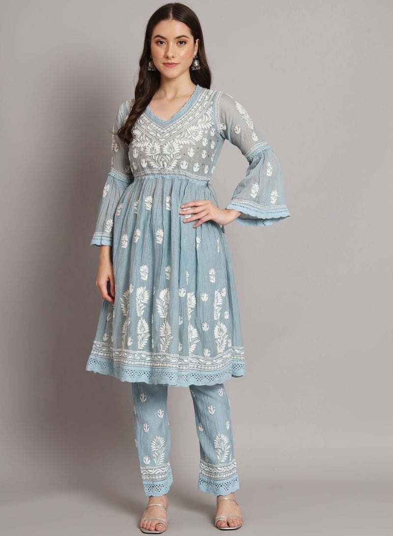 Hand Embroidered Chikankari Chanderi Cotton Frock Style Kurta Pant-AL3661KS