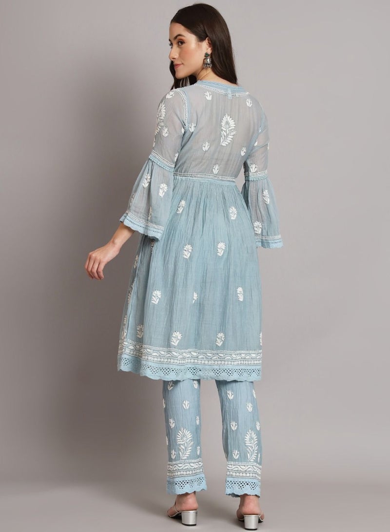 Hand Embroidered Chikankari Chanderi Cotton Frock Style Kurta Pant-AL3661KS